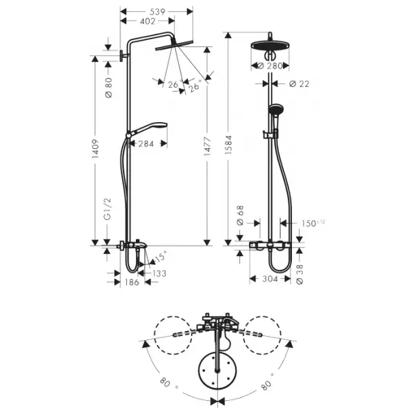 Душевая система Croma Select 280 Air 1jet Showerpipe для ванны с термостатом НANSGROHE 26792000