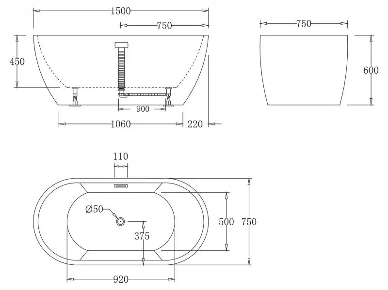 Ванна акриловая 1500x750x570 BB70-1500