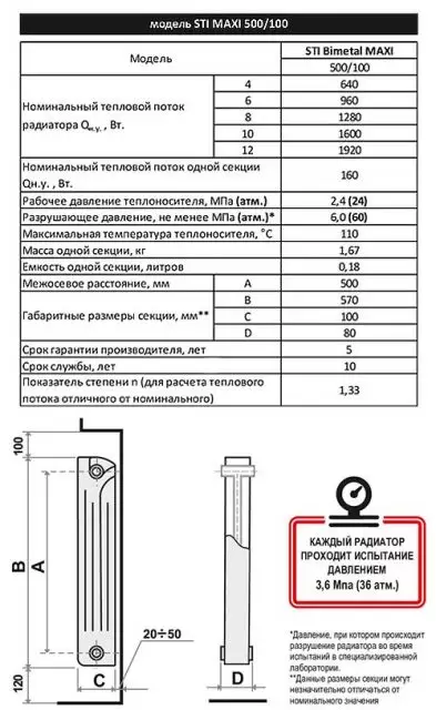Радиатор BIMETAL STI MAXI 500/100 6 сек.