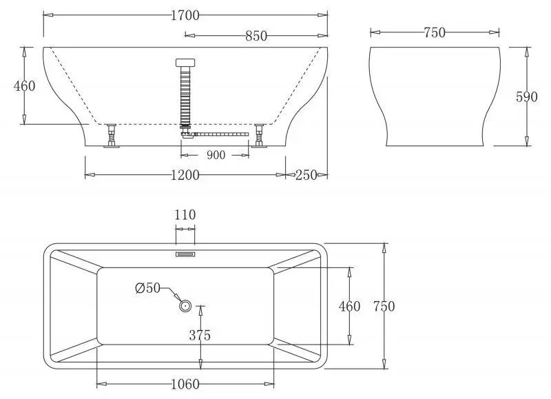 Ванна акриловая 1700x750x600 BB73-1700