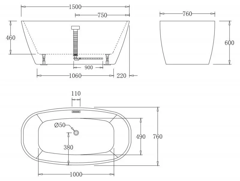 Ванна акриловая 1500x760x600 BB72-1500