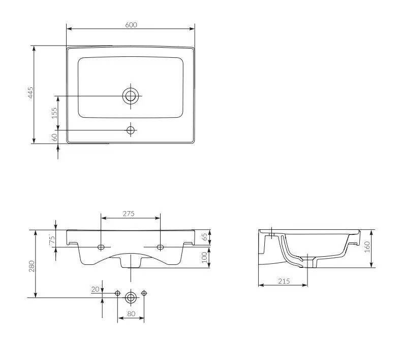 Раковина встраиваемая 60, 1 отв., белый, Сорт1 CREA Cersanit P-UM-CRE60/1