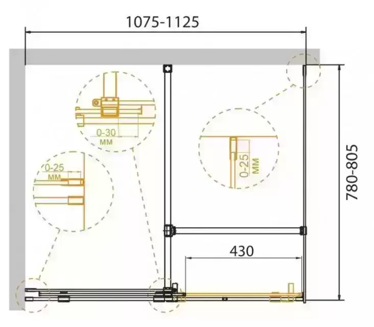 Душевой уголок STREAM-AH-1-110/80-C-Cr (1075-1125)x(780-805)x1950 CEZARES