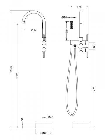 Смеситель Saona 2300/03Y-CR black (ванна напольный)