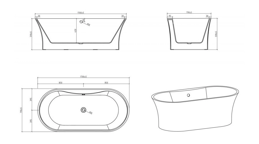 Акриловая ванна BELBAGNO BB201-1700-800