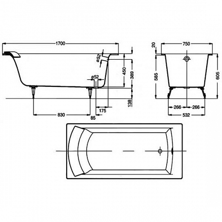 Baнна 170 x 75 cм без отверстий для ручек OVE E2930-S-00