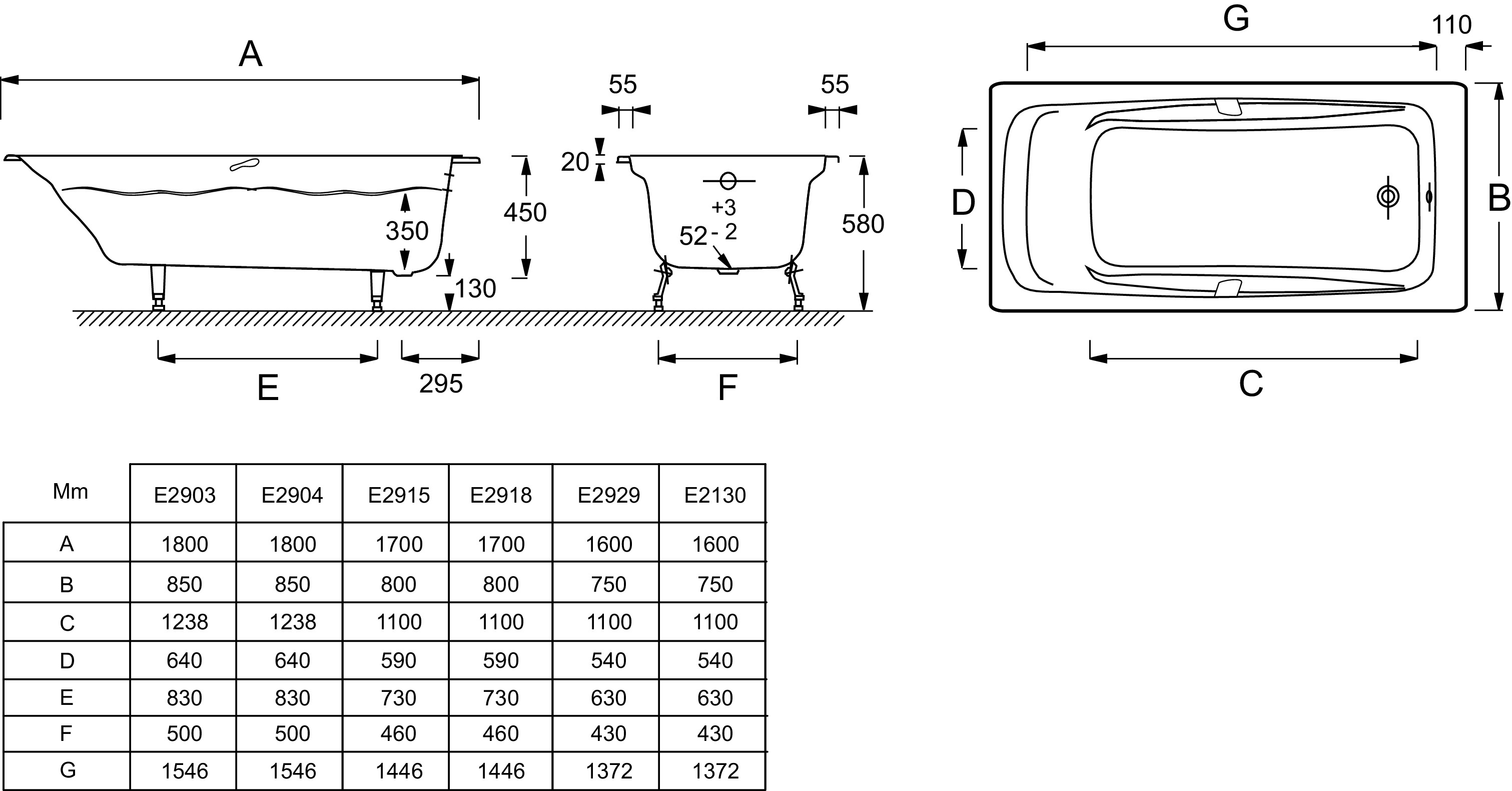 Baнна 170 x 80 cм без отверстий для ручек REPOS E2918-S-00
