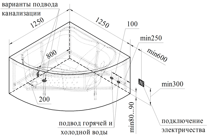 Ванна с гидромассажем Альтея 1250х1250 (АКТИВ),панель/каркас/сл-п 2-77-2-0-0-219