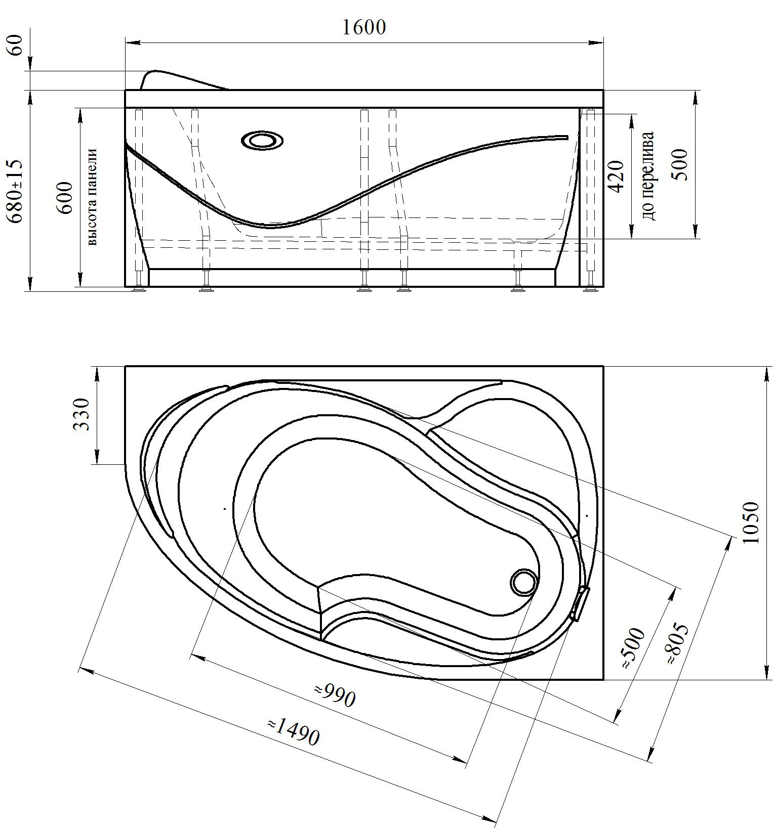 Ванна Амелия правая акриловая 1-01-0-2-1-017