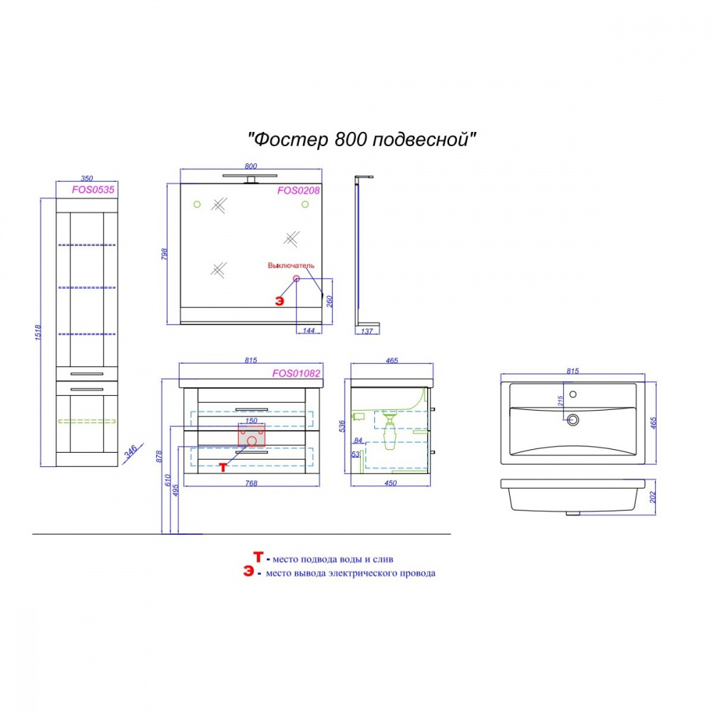 Панель Фостер с зеркалом и светильником, цвет дуб сонома, FOS0208DS