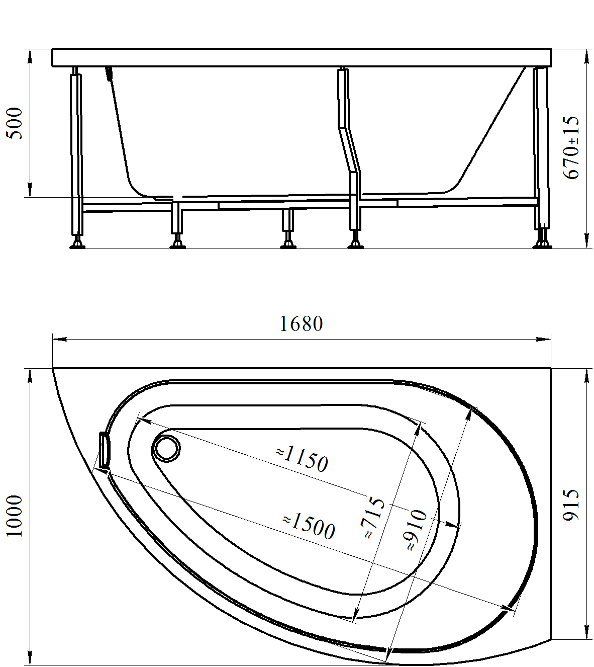 Ванна Бергамо 168х100, правая 2-01-0-2-1-215