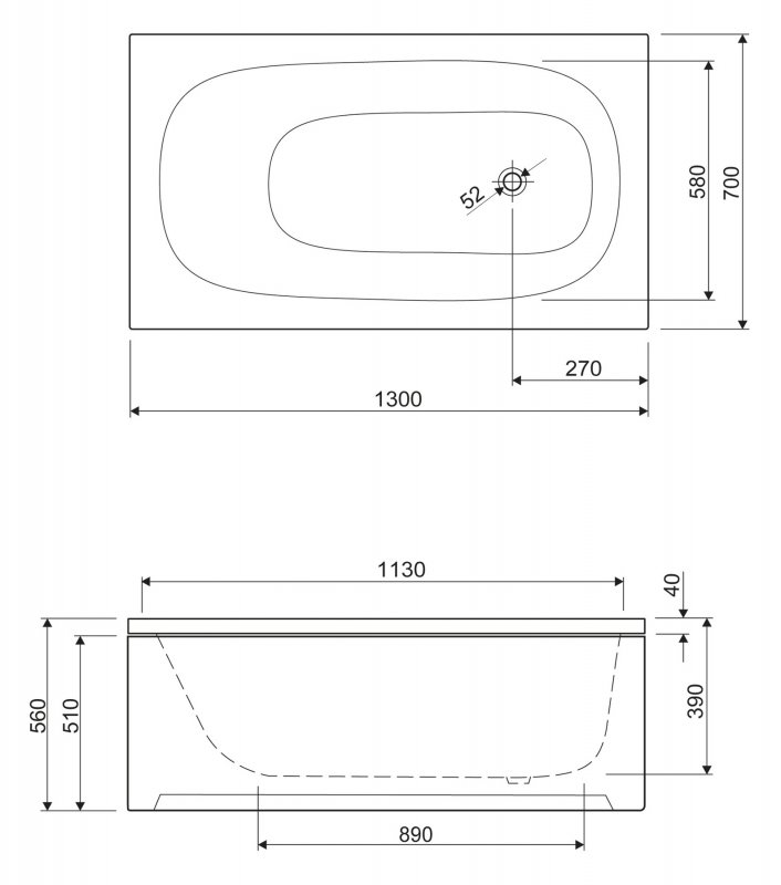 Акриловая ванна ECO-130-70-40, 130x70x40