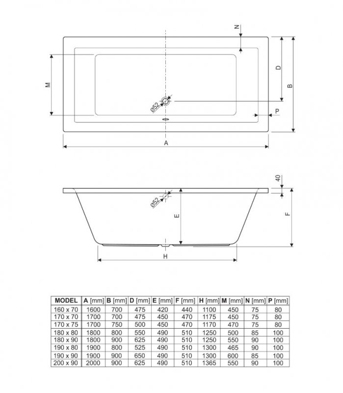 Акриловая ванна 170x70x45 PLANE-170-70-45