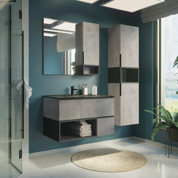 Тумба-умывальник Франкфурт-90 бетон светлый с раковиной COMFORTY 90E черная мат, 00-00006503