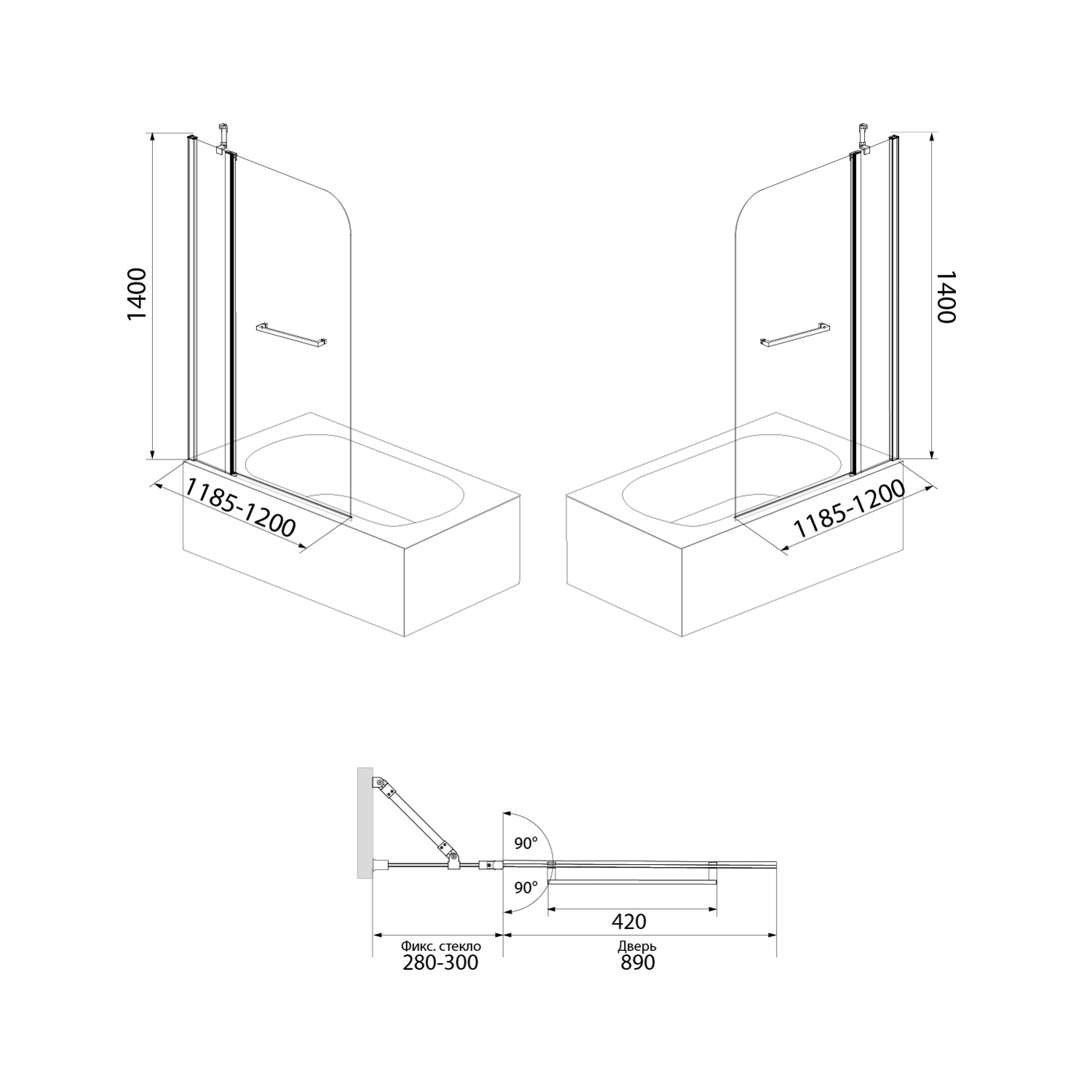 Шторка на ванну Iddis Ray 120 x 140 см распашная, стекло прозрачное, хром, RAY6CS2i90