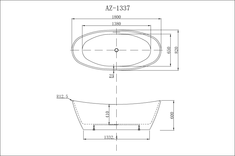 Ванна акриловая EASTON 180x82x60 белая свободностоящая с сифоном и металлической рамой Azario