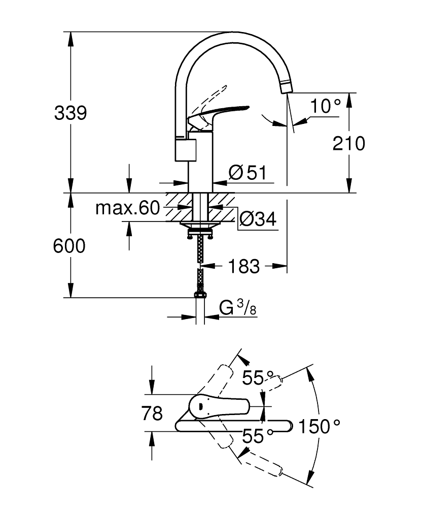Смеситель для мойки Eurosmart, C-образный высокий излив, 33202003 Grohe