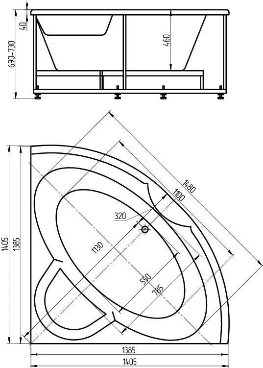 Ванна акриловая Поларис-1 140х140 с фронтальным экраном (вклеенный каркас) POL1-0000030 Aquatek