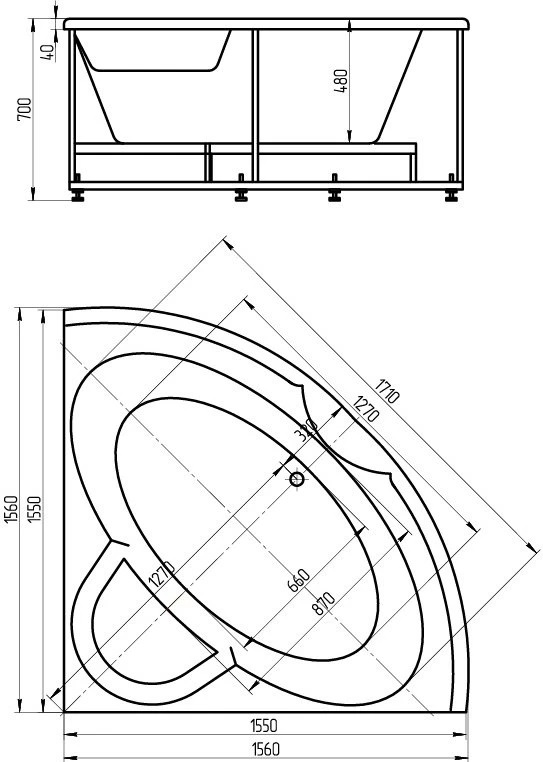 Ванна акриловая Поларис-2 155х155 с фронтальным экраном (вклеенный каркас) POL2-0000041 Aquatek