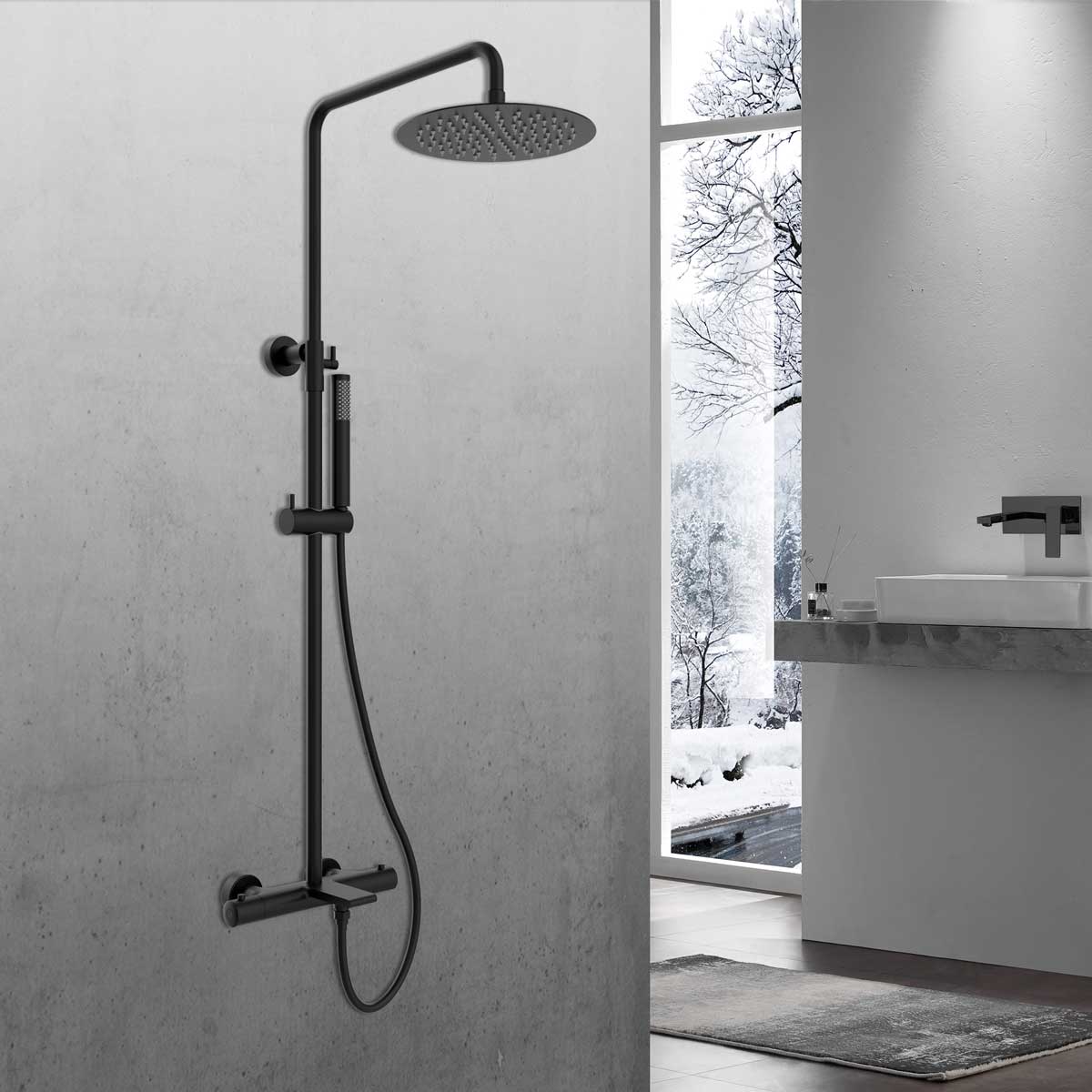 Душевая система Vogue термостат с изливом, 25см верх душ из нерж. стали, черный VSFS-1V1TMB Vincea