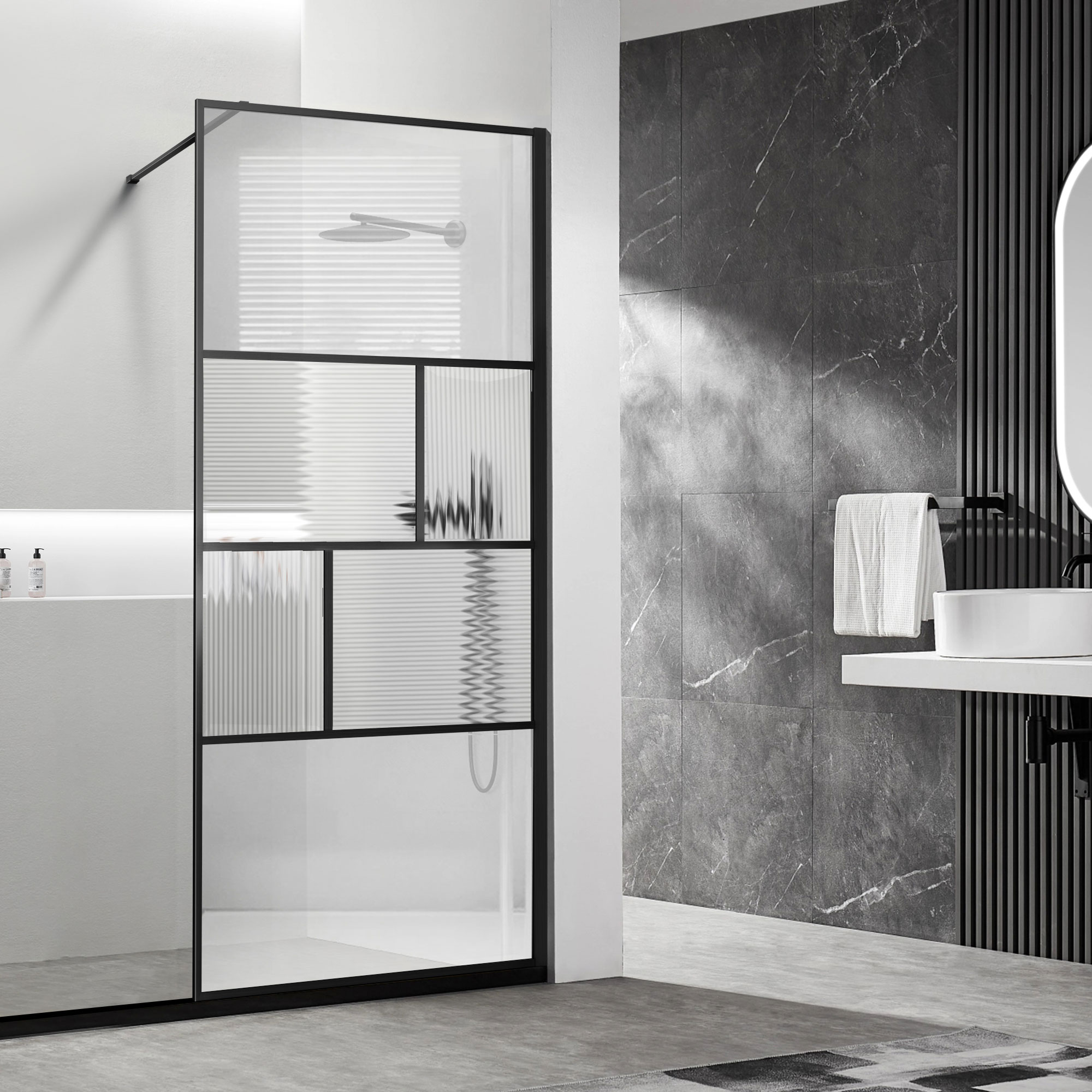 Душевая перегородка Walk-In 120х200, черный, стекло прозрачное/рифленое VSW-1HC120CFB Vincea