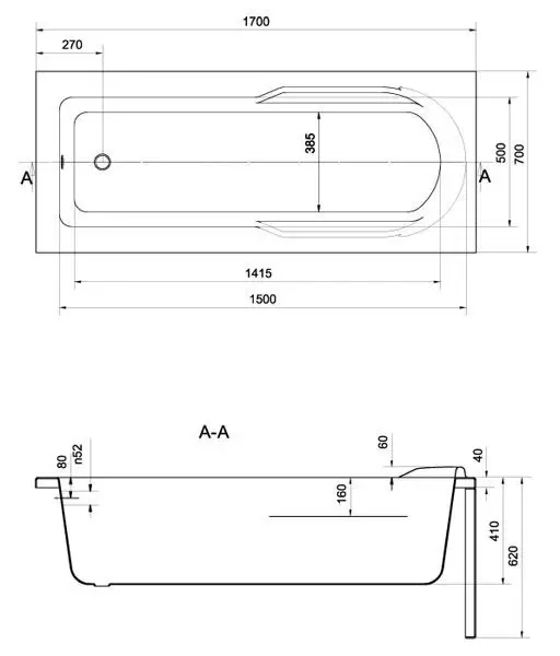 Ванна прямоугольная Santana 170x70 см без ножек белая Cersanit 301035 WP-SANTANA*170