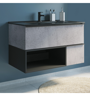 Тумба-умывальник Франкфурт-90 бетон светлый с раковиной COMFORTY 90E черная мат, 00-00006503